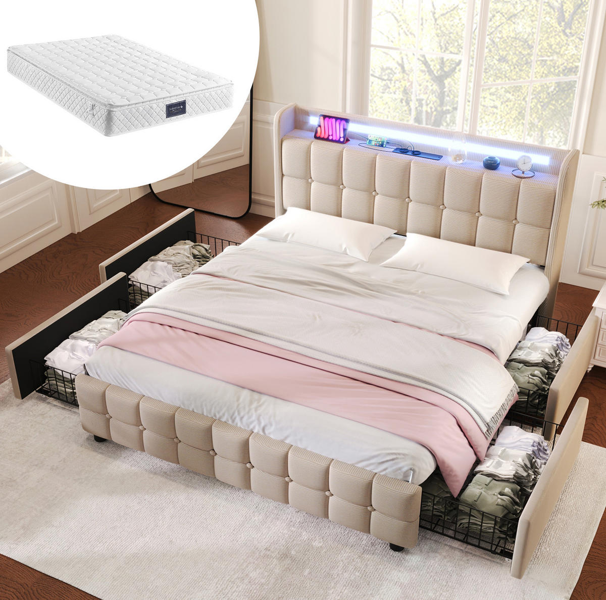 POLSTERBETT 160/200 cm mit LED-Beleuchtung, USB, 4 Schubladen und Matratze - Beige, Holz (160/200cm) - BEAOK