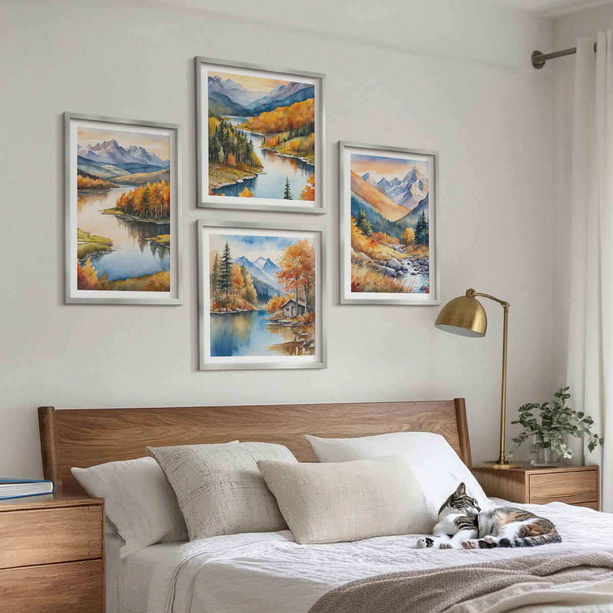 WANDBILDER 4er Set - 50x50 cm & 40x60 cm Silberner Rahmen - Bergblick, Fluss, Herbst - Silberfarben, Kunststoff (50/50cm) - ArtPrintCave
