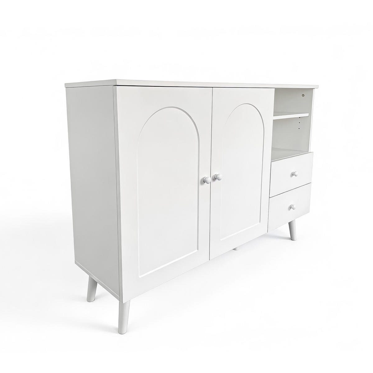 SIDEBOARD Gewölbte Türen 2 Schubladen 2 Fächer Holzfüße Modern - Weiß, Holzwerkstoff (118/82/35cm) - FLIEKS