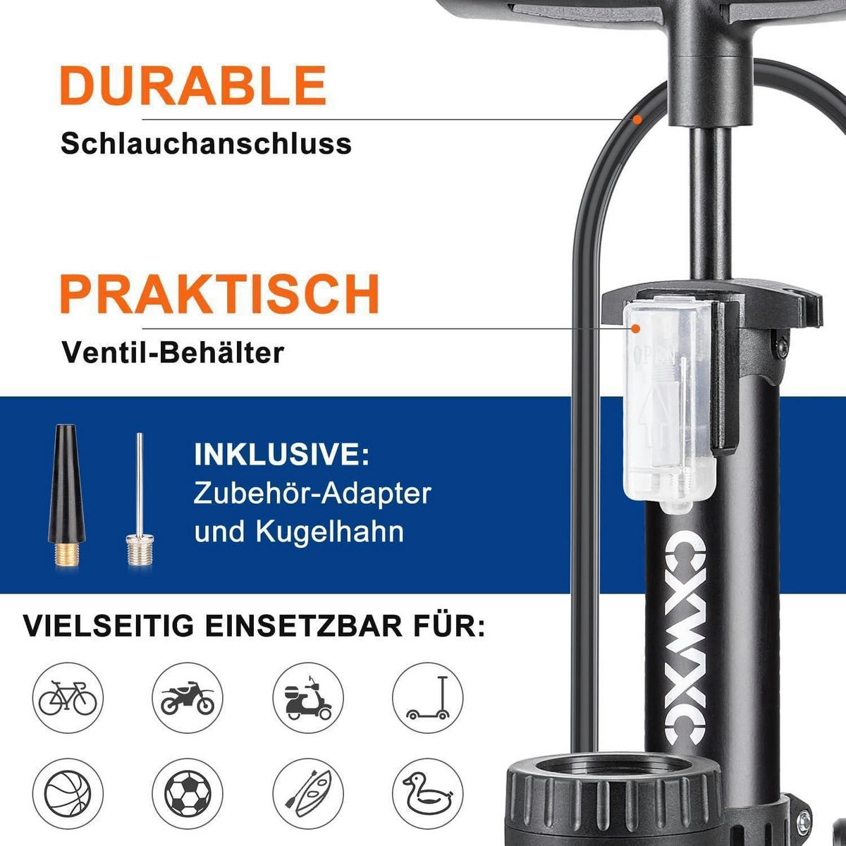 FAHRRADPUMPE mit Manometer für alle Ventile - Schwarz, Metall (8.2/44/21cm)