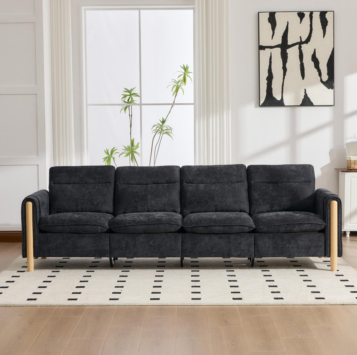 SOFA modular mit 2 Hockern und Stauraum 261 cm Chenille Schwarz - Schwarz, Holz (77/86/261cm) - Meubliv
