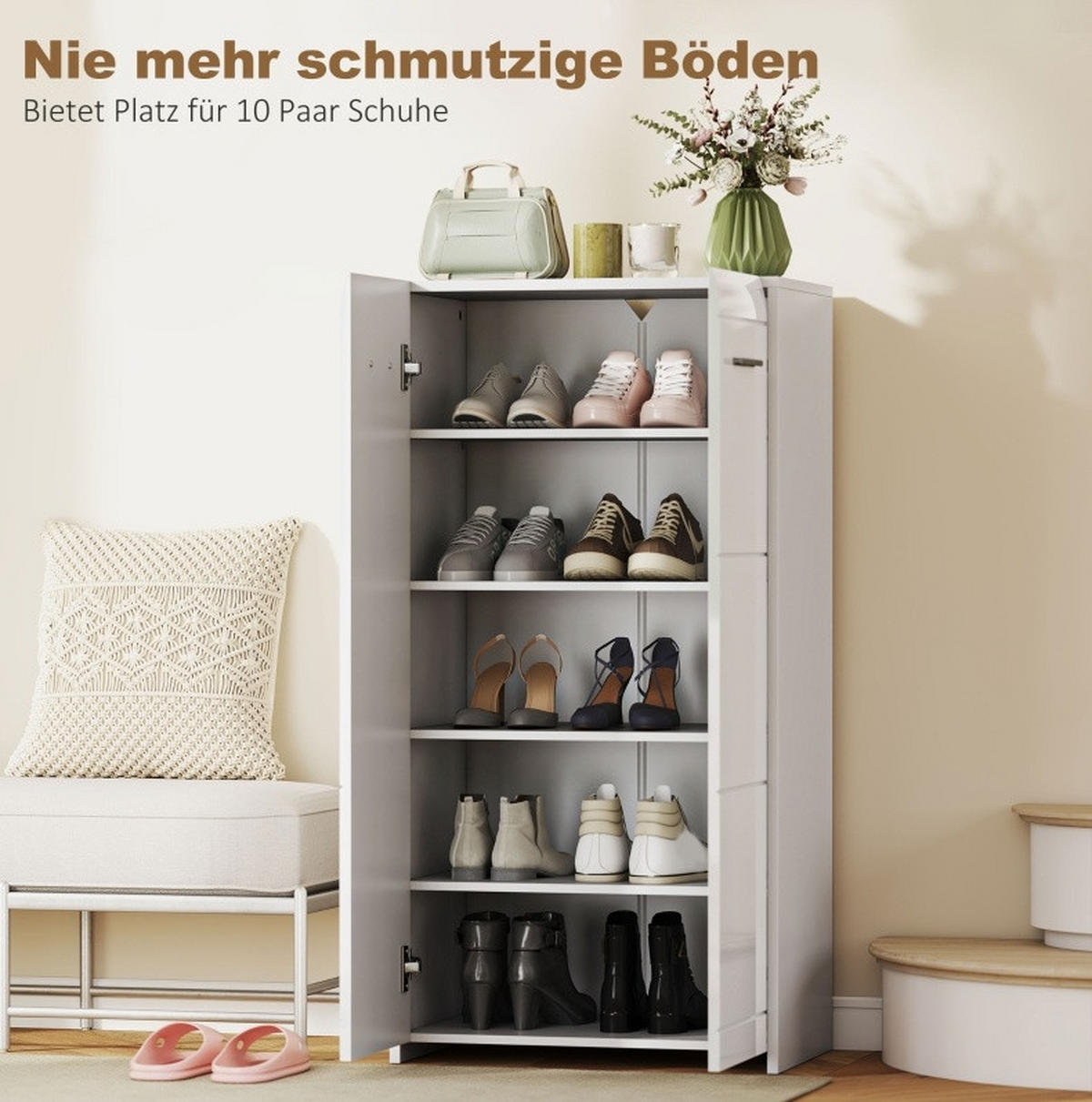 SCHUHSCHRANK 55/108/36 cm Weiß aus Holz mit verstellbaren Regalböden - Weiß, Holz (55/108/36cm) - OKMYHOME