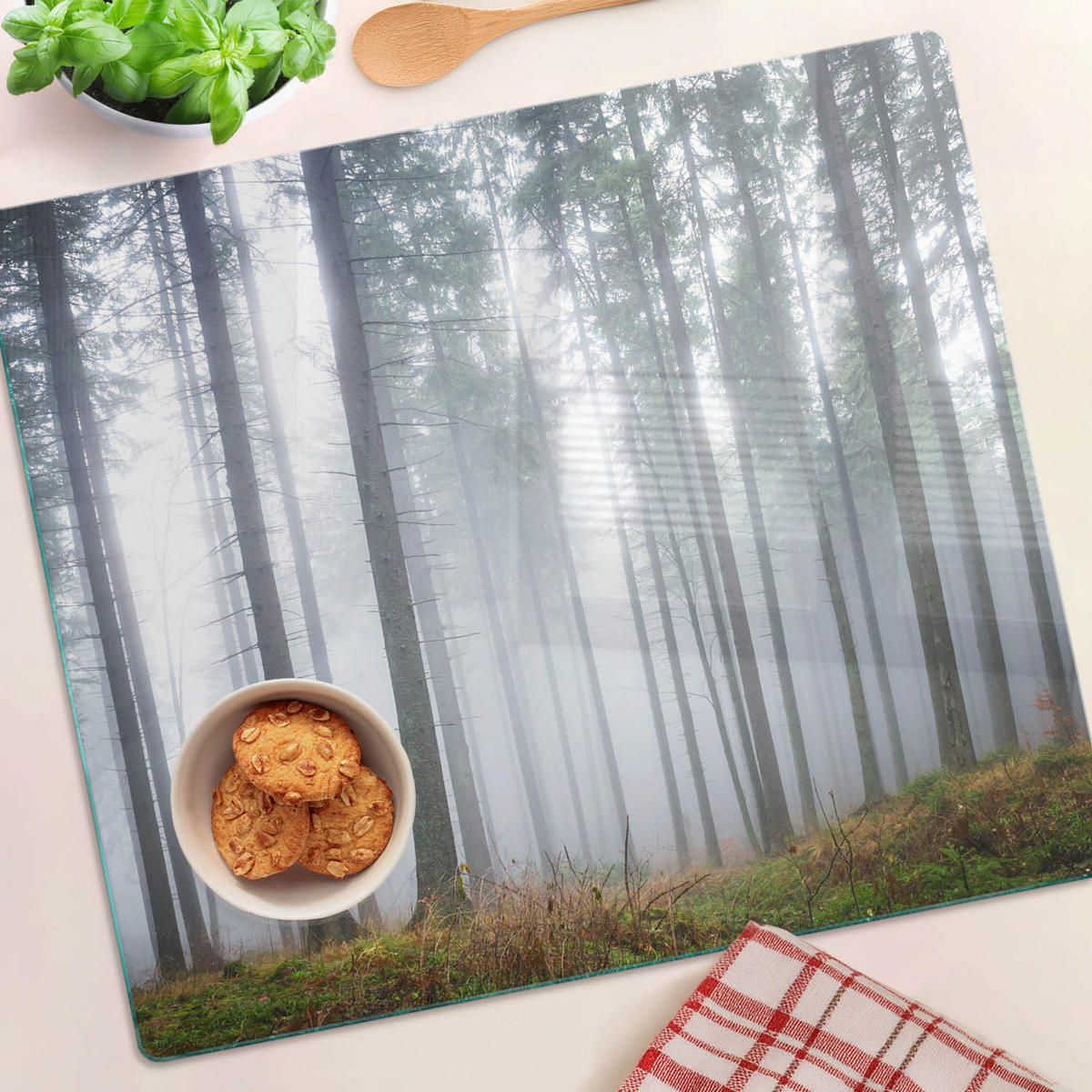 GLASPLATTE 60x52 cm Nebel im Wald - Grau, Glas (60/0.4/52cm) - TULUP
