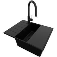 GRANITSPÜLE Kopenhagen, 2-er set Alles Schwarz 62/50 cm 1 Becken + Küchenarmatur 40/20 cm + Ablauf-Set + Schneidebrett ab 50er Unterschrank - Schwarz, Kunststoff (62/20/50cm) - Primagran