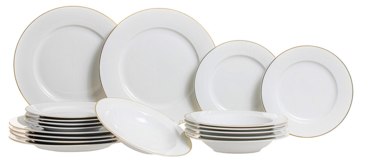 GESCHIRRSET18-TEILIG GESCHIRRSETWeiß / Gold - 18-teilig / 6 Personen - 6 Speiseteller, 6 SUPPENTELLER und 6 FRÜHSTÜCKTELLER - Weiß, Keramik (2/2/1cm) - Studio Tavola