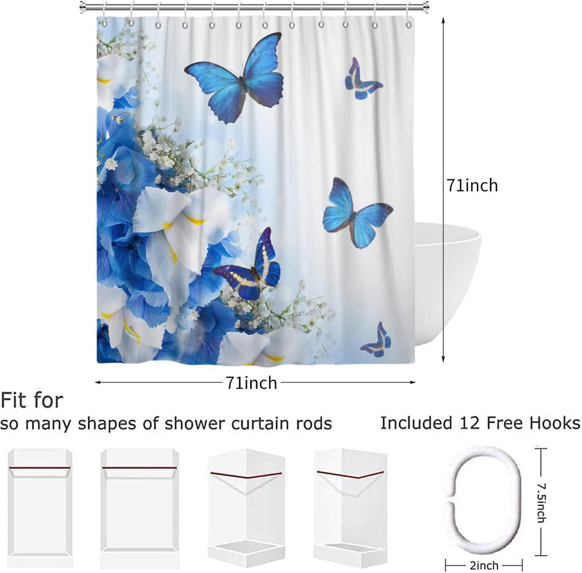DUSCHVORHANG Blau Blumen und Schmetterling Polyester wasserdicht - Blau, Textil (180/180cm) - MCBOSON