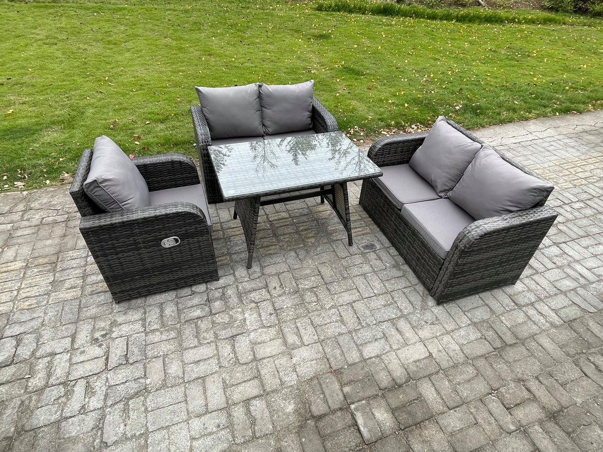 BALKONSET mit ESSTISCH SOFA Polyrattan Dunkelgrau 5-Sitzer - Dunkelgrau/Grau, Glas/Kunststoff - Fimous
