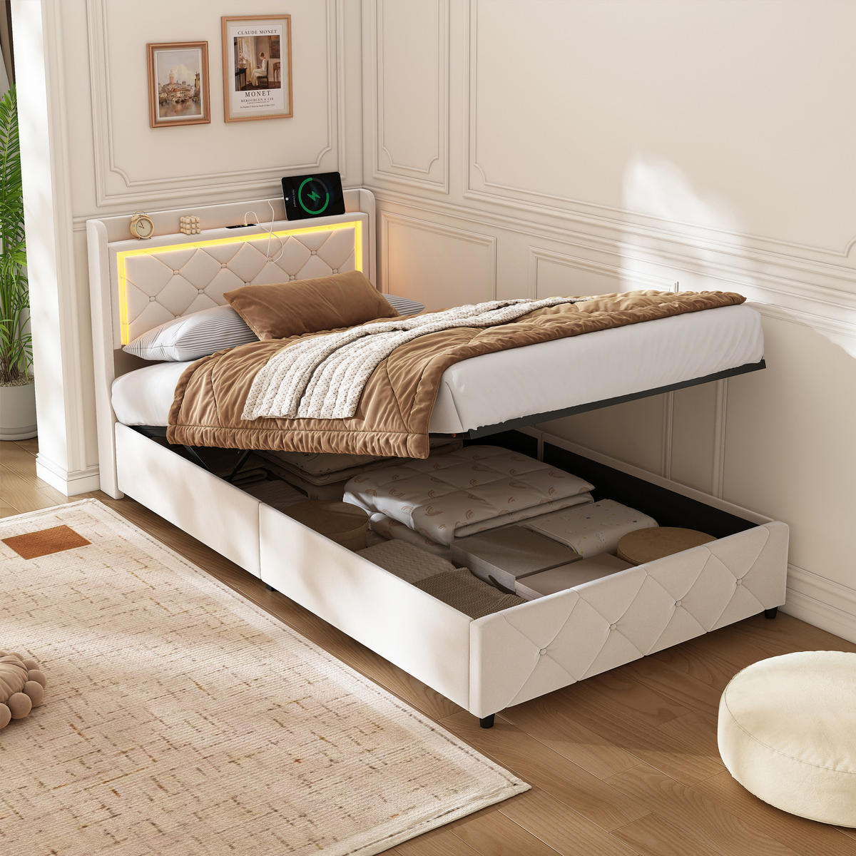 POLSTERBETT 90x200 cm Beige mit LED, Stauraumkopfteil & USB-C - Beige, Holz (90/200cm)