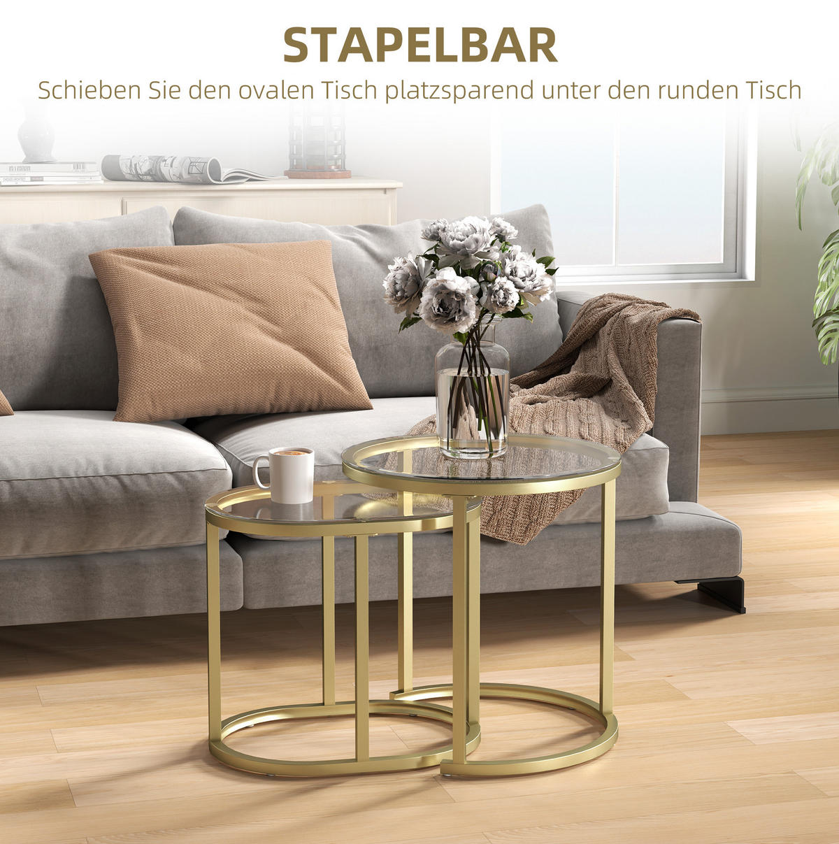 COUCHTISCH-SET 2-teilig Ø 50 x 50,5 cm und 60/36/43,5 cm stapelbar mit Hartglasplatte, Gold - Goldfarben, Metall (50/50/50.5cm) - Modfu