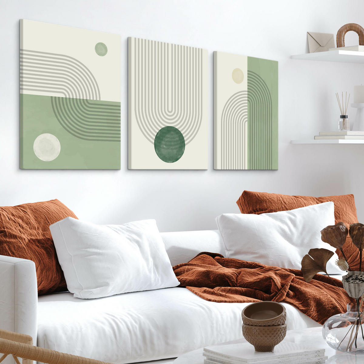 LEINWANDBILDER 3-es Set Geo-Muster Boho - Beige/Grün, Textil (90/40cm) - Muralo