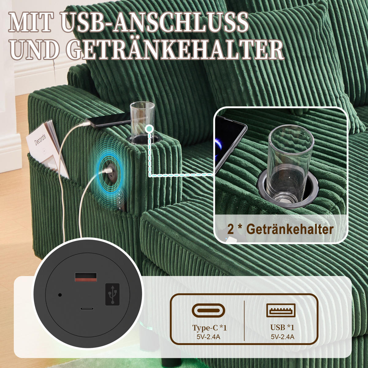 SCHLAFSOFA,SCHLAFSESSEL,SCHLAFCOUCH Grün, Cordbezug mit Beleuchtung&USB und Getränkehalter - Grün, Textil (142/85/128cm) - PARAFTA HOME
