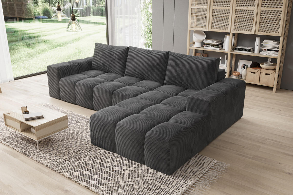 ECKSOFA Cento, L-Form, Ottomane Rechts, Cordstoff, 285x56x180 cm, Dunkelgrau - Dunkelgrau, Holz (285/180cm) - PROMETO Möbel