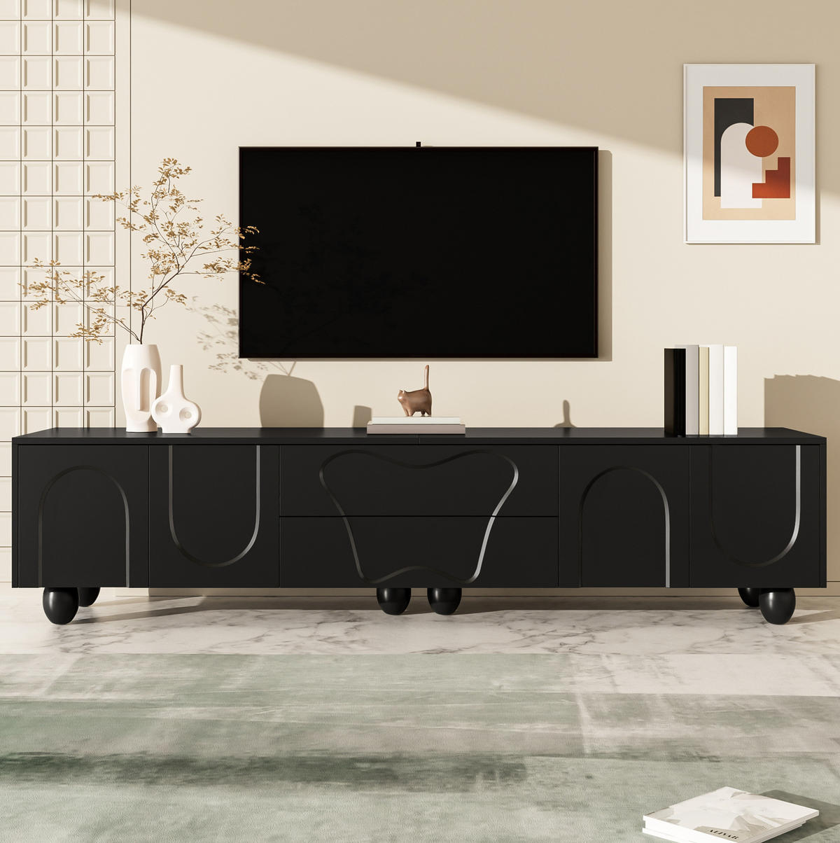TV-ELEMENT mit Stauraum 180 cm Schwarz mit Holzbeinen - Schwarz, Holzwerkstoff (40/42/180cm) - Beauniv