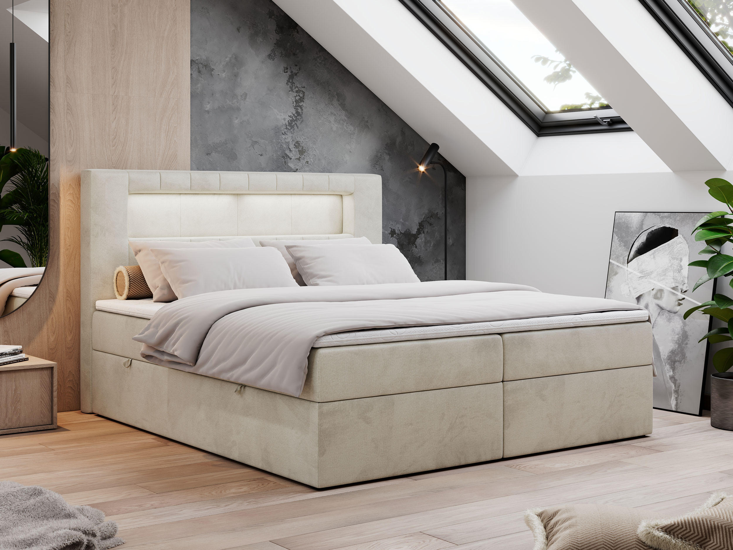 BOXBETT GOLD-5 LED 120/200 Beige Velvet - H3 - Beige, Holz/Textil (120/200cm) - MKS