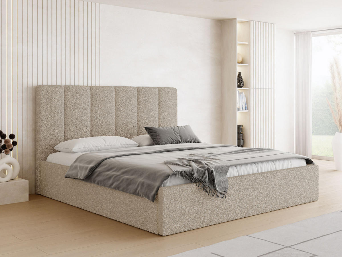 POLSTERBETT Amira Slim mit Bettkasten, Beige Boucle 180x200 cm - Beige/Birkefarben, Holz/Holzwerkstoff (180/200cm) - WFL GROUP