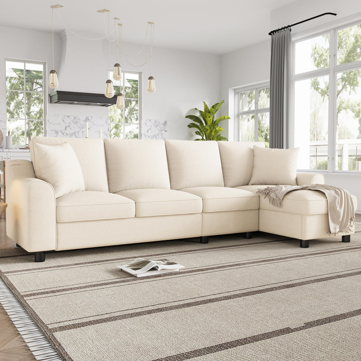 4-SITZER ECKSOFA Chenille Beige mit Stauraum und Getränkehaltern - Beige, Holzwerkstoff/Kunststoff (280/136cm) - WISHDOR