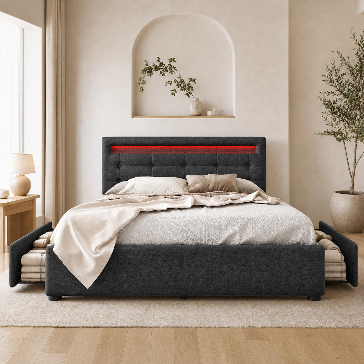 POLSTERBETT 140/200 mit Bettkasten, LED und Schubladen in Grau - Grau, Holzwerkstoff/Textil (140/200cm) - EVRYAE