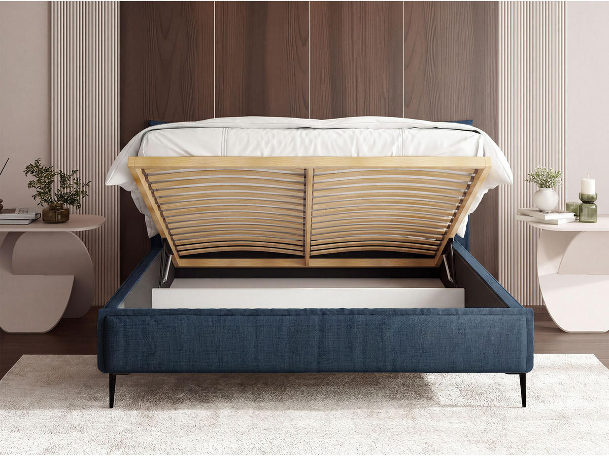 POLSTERBETT Pillow Rise mit Bettkasten, Lattenrost & hohen Metallfüßen in Dunkelblau Chenille 120x200 cm - Blau/Birkefarben, Holz/Holzwerkstoff (120/200cm) - WFL GROUP