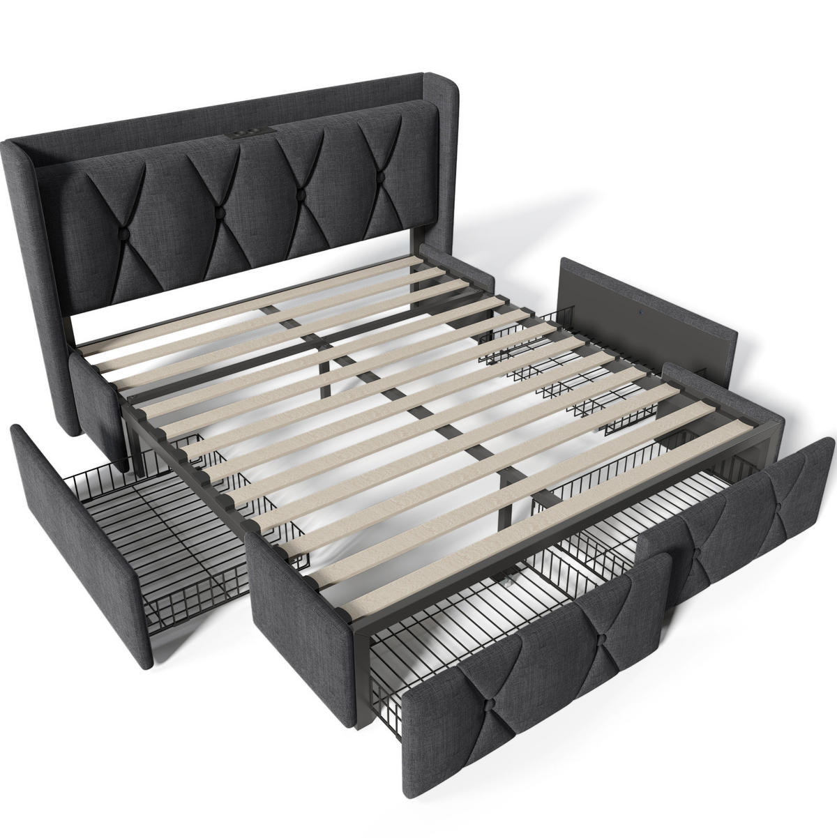 POLSTERBETT 140/200 cm mit 4 Schubladen, USB und Steckdosen, Grau - Grau, Textil (140/200cm) - BEAOK