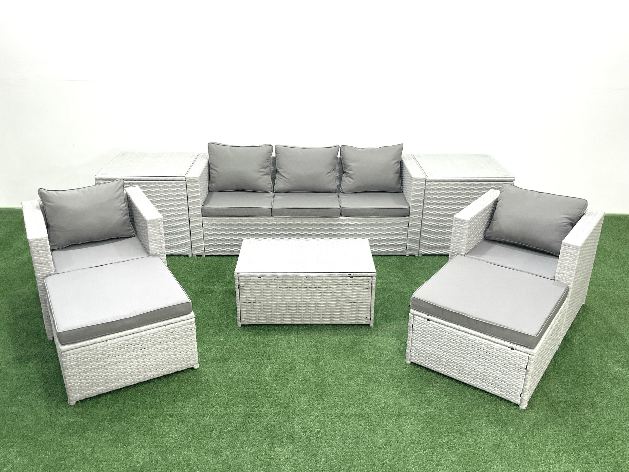 GARTENMÖBELSET mit 3-SITZER SOFA,COUCHTISCH Polyrattan Hellgrau-Mix 7-Sitzer - Hellgrau/Grau, Glas/Kunststoff - Fimous