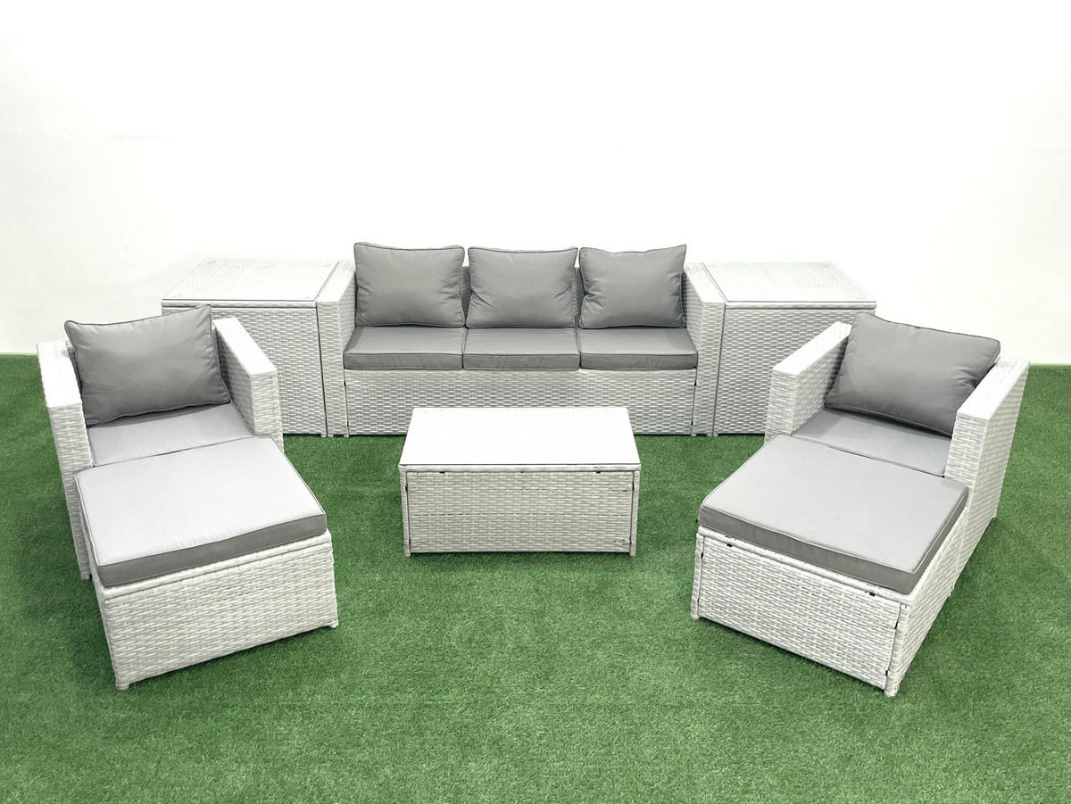 GARTENMÖBELSET mit 3-SITZER SOFA,COUCHTISCH Polyrattan Hellgrau-Mix 7-Sitzer - Hellgrau/Grau, Glas/Kunststoff - Fimous