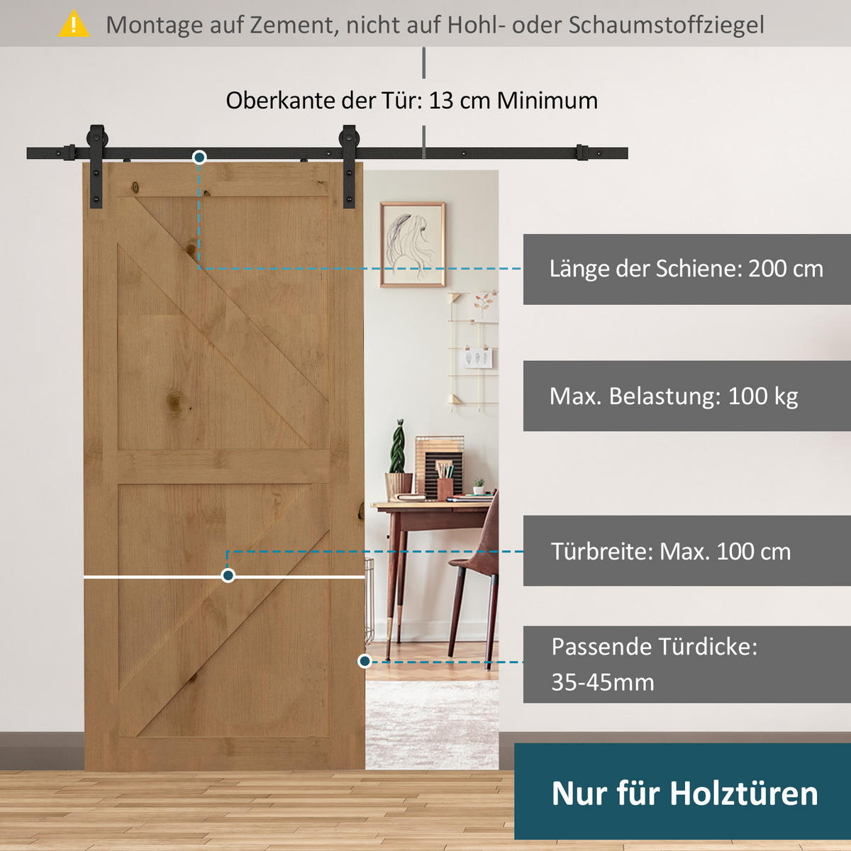 SCHIEBETÜREN-BESCHLAGSATZ 200cm Komplett-Set mit Schienen, Rollen, Schwarz - Schwarz, Metall (4/0.6/200cm) - HOMCOM