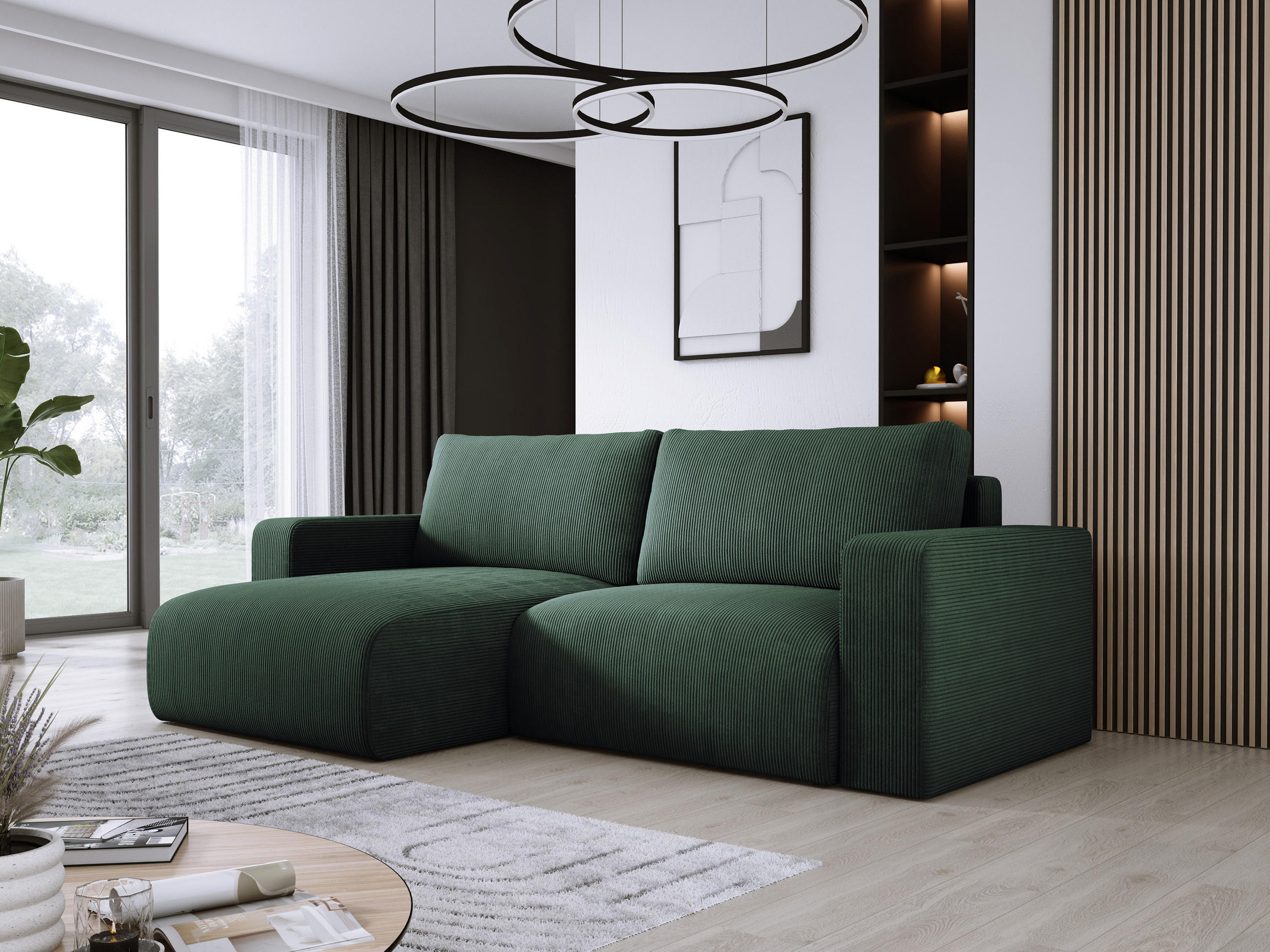 ECKSOFA Carl L-förmig Schlaffunktion und Bettkasten weicher Cordstoff flexibel stellbar lose Rückenkissen freistehend LINKS 143x247x83cm Forest green - Waldgrün, Holz/Textil (143/247cm) - DomoHome