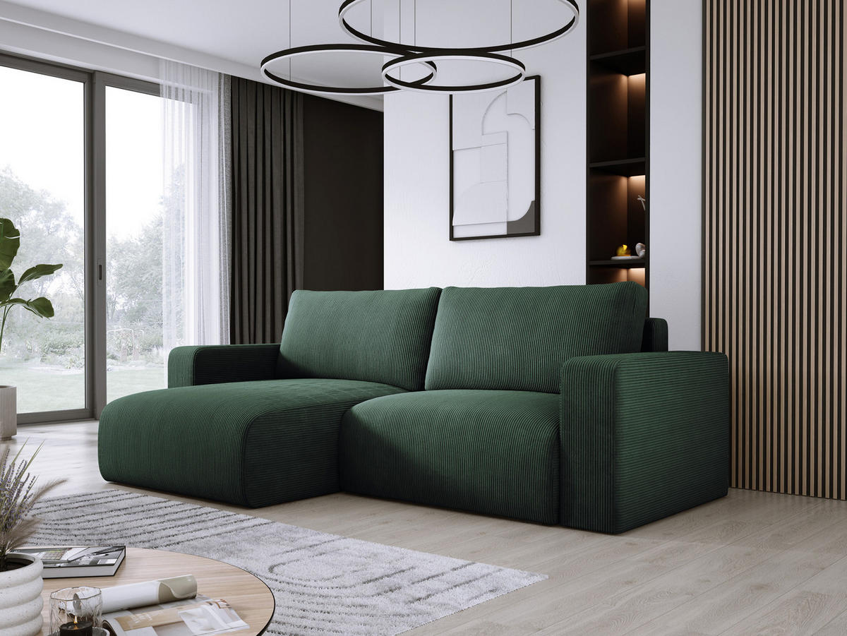ECKSOFA Carl L-förmig Schlaffunktion und Bettkasten weicher Cordstoff flexibel stellbar lose Rückenkissen freistehend LINKS 143x247x83cm Forest green - Waldgrün, Holz/Textil (143/247cm) - DomoHome