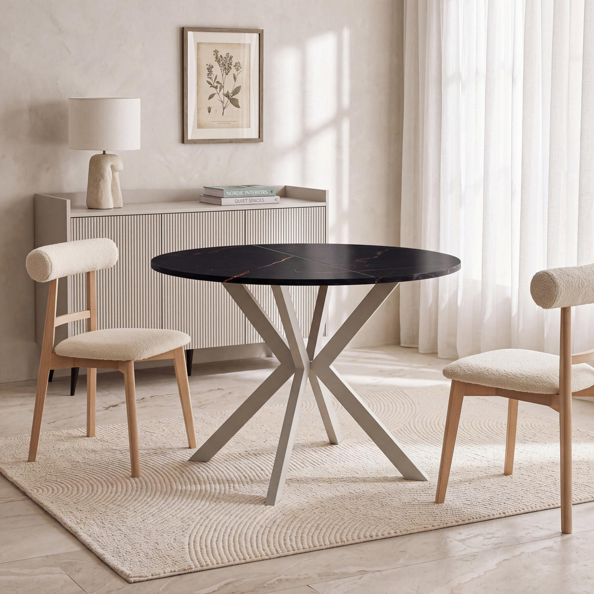 ESSTISCH Valio rund oval ausziehbar verlängerbar mit Metallbeinen in Kaschmir Grau, Schwarz Marmor Kupfer 100-140/100/76 cm - Kaschmir/Beige, Holzwerkstoff/Metall (100/140/76cm) - WFL GROUP