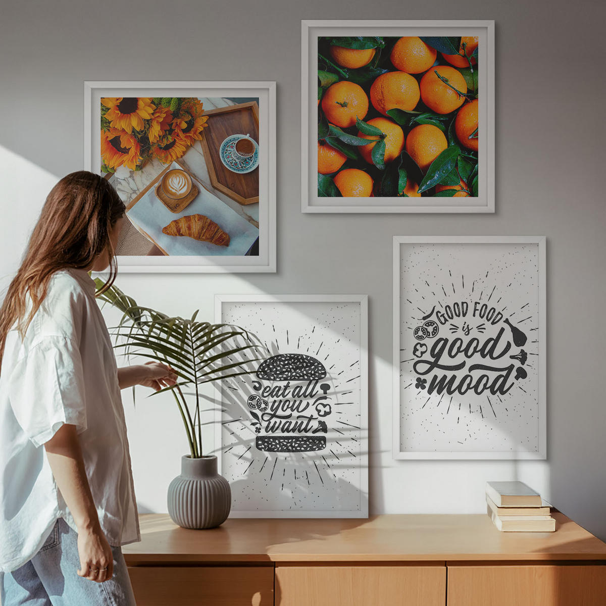 WANDBILDER 4er-Set - 50x50 cm & 40x60 cm Weißer Rahmen - Juicy Oranges Kitchen - Weiß, Kunststoff (50/50cm) - ArtPrintCave
