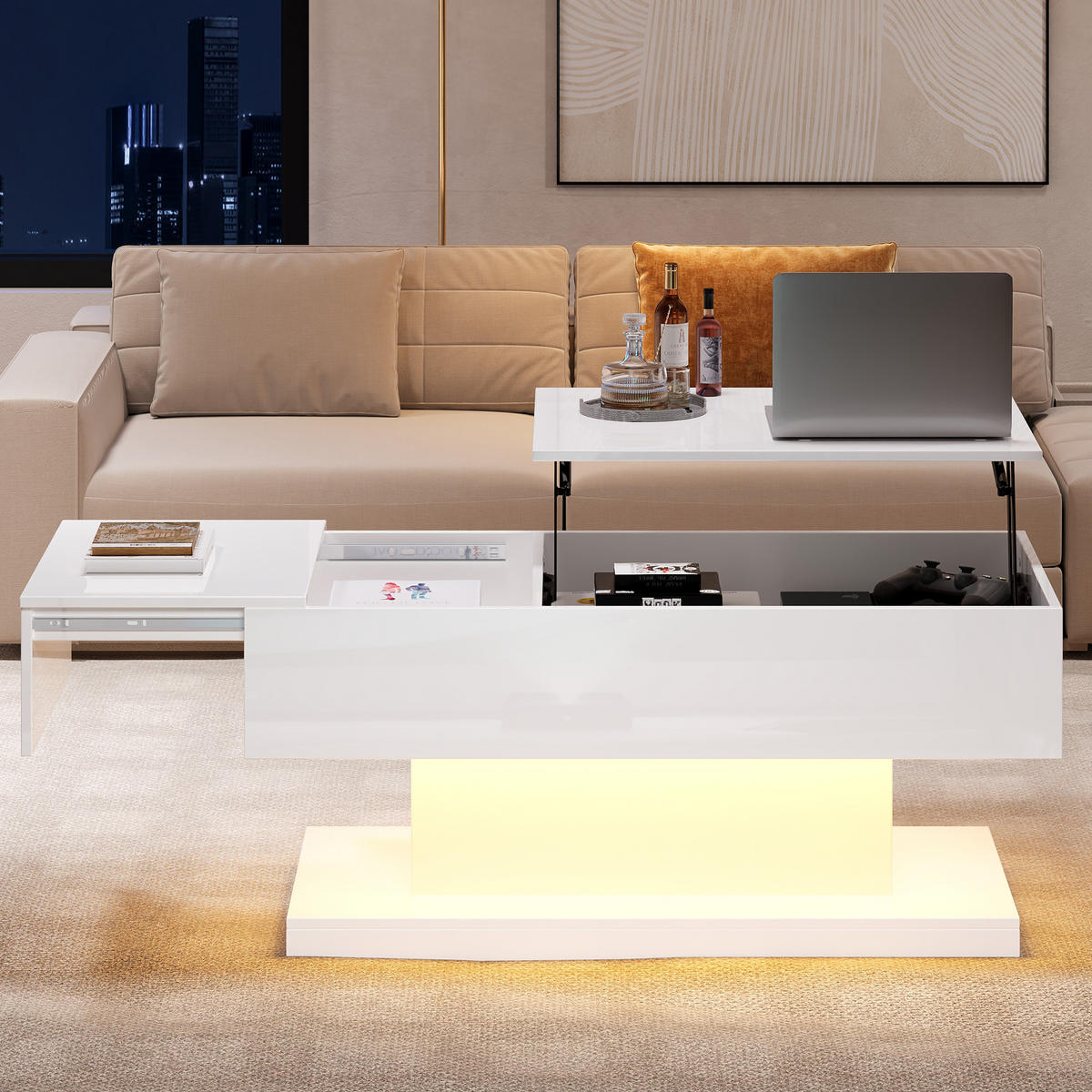 COUCHTISCH in Weiß Hochglanz-Lift-Teetisch mit LED-Beleuchtung für Wohnzimmer, B100/T50/H45cm - Weiß, Holzwerkstoff/Metall (50/100/45cm) - STILVORA