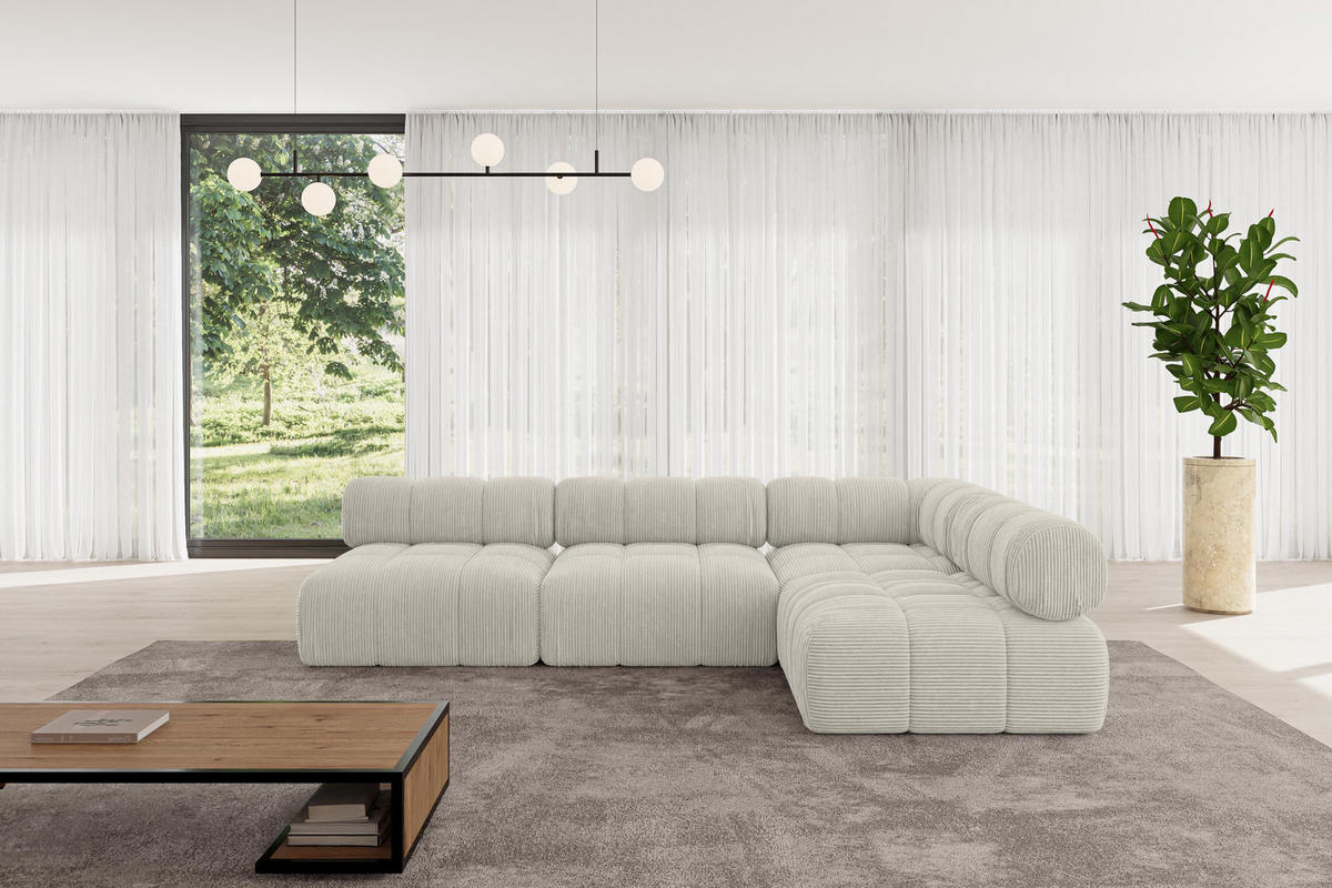 ECKSOFA modulares Sofa Samaro-L2 - 285x190x70 cm Creme Cord - Hellgrau/Creme, Holzwerkstoff/Textil (285/190cm) - ALTDECOR