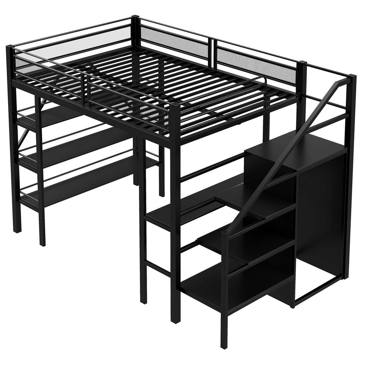 HOCHBETT 140/200 cm Schwarz mit Schreibtisch und Ablageregal aus Metall - Schwarz, Metall (140/200cm) - OKWISH