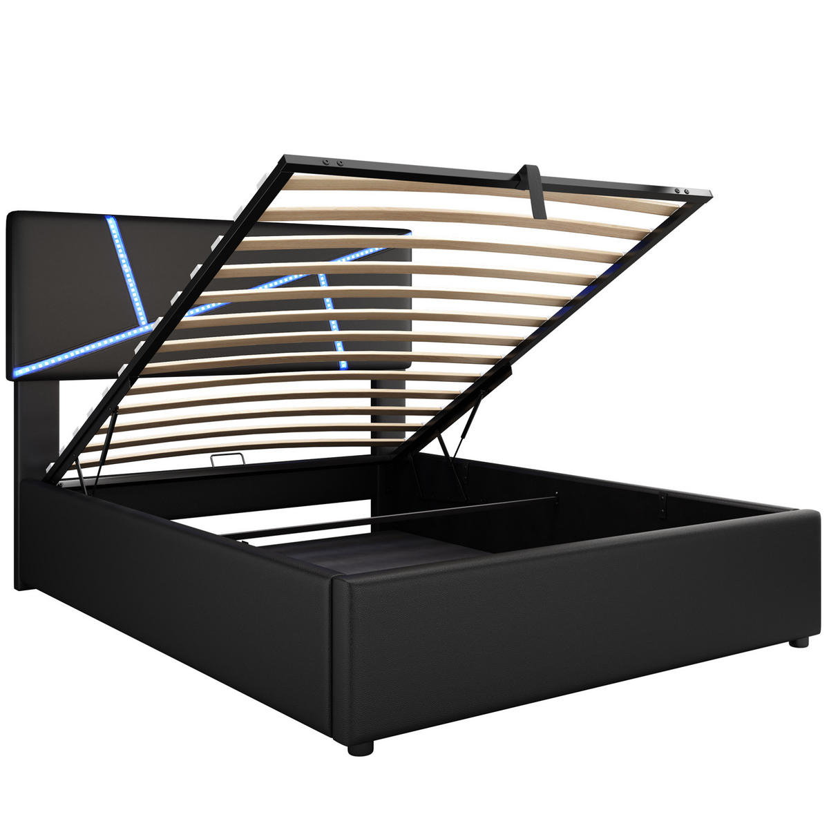 POLSTERBETT mit LED-Beleuchtung 90/200 cm mit Bettkasten und gepolstertem Kopfteil - Schwarz, Kunststoff (90/200cm) - BEAOK