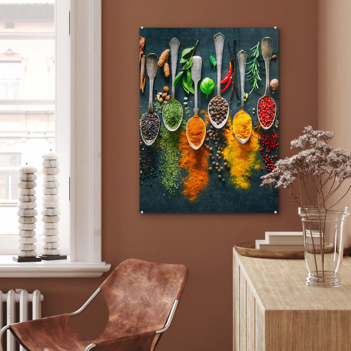 OBRAZ NA AKRYLOVOM SKLE Bylinky - korenie - lyžičky 60x80 cm - kari žltá, sklo (60/80cm) - MuchoWow