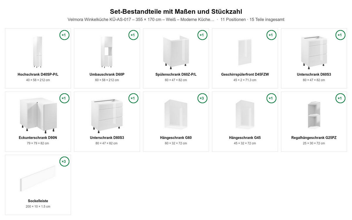 L-KÜCHE Velmora Weiß Hochglanz – 355 × 170 cm – KÜ-AS-017 – Weiß / Hochglanz - Weiß, Holzwerkstoff (355/212/58cm) - ROYAL24_MARKT