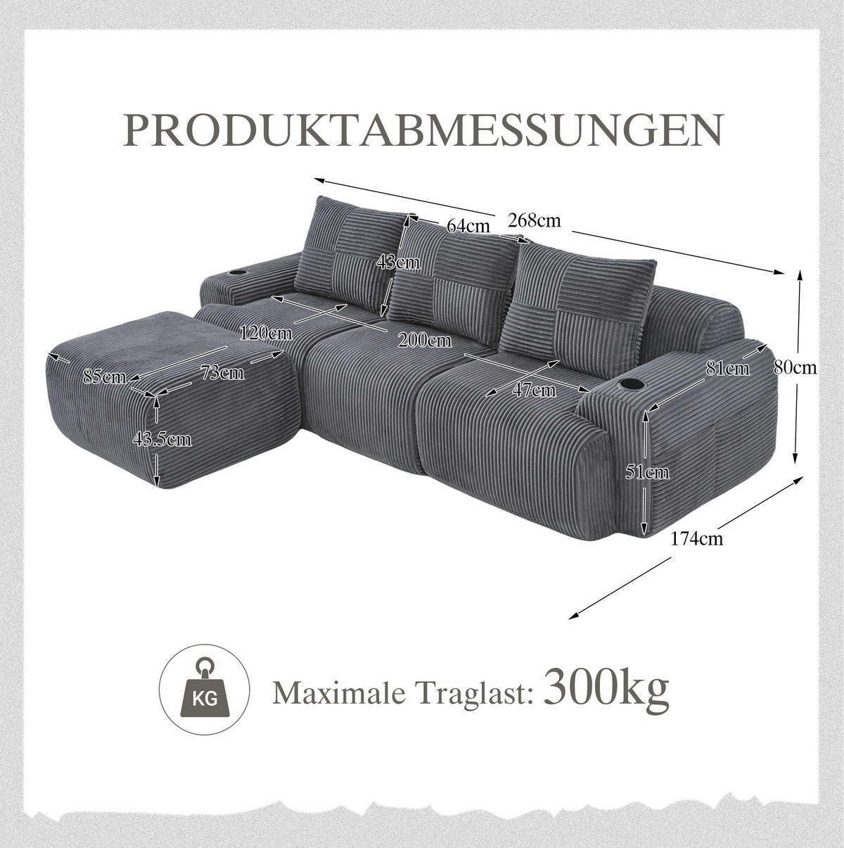 SOFA modular 268 x 174 x 80 cm Corduroy Dark Gray 3-Sitzer - Dunkelgrau, Kunststoff (174/268.1cm) - Meubliv