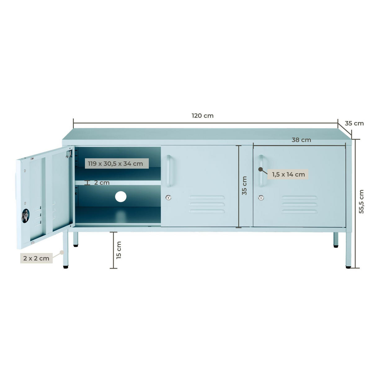 SIDEBOARD Baker, Kippschutz, höhenverstellbare Füße, grau/blau - Blau/Grau, Metall (120/55.5/37.5cm) - tectake