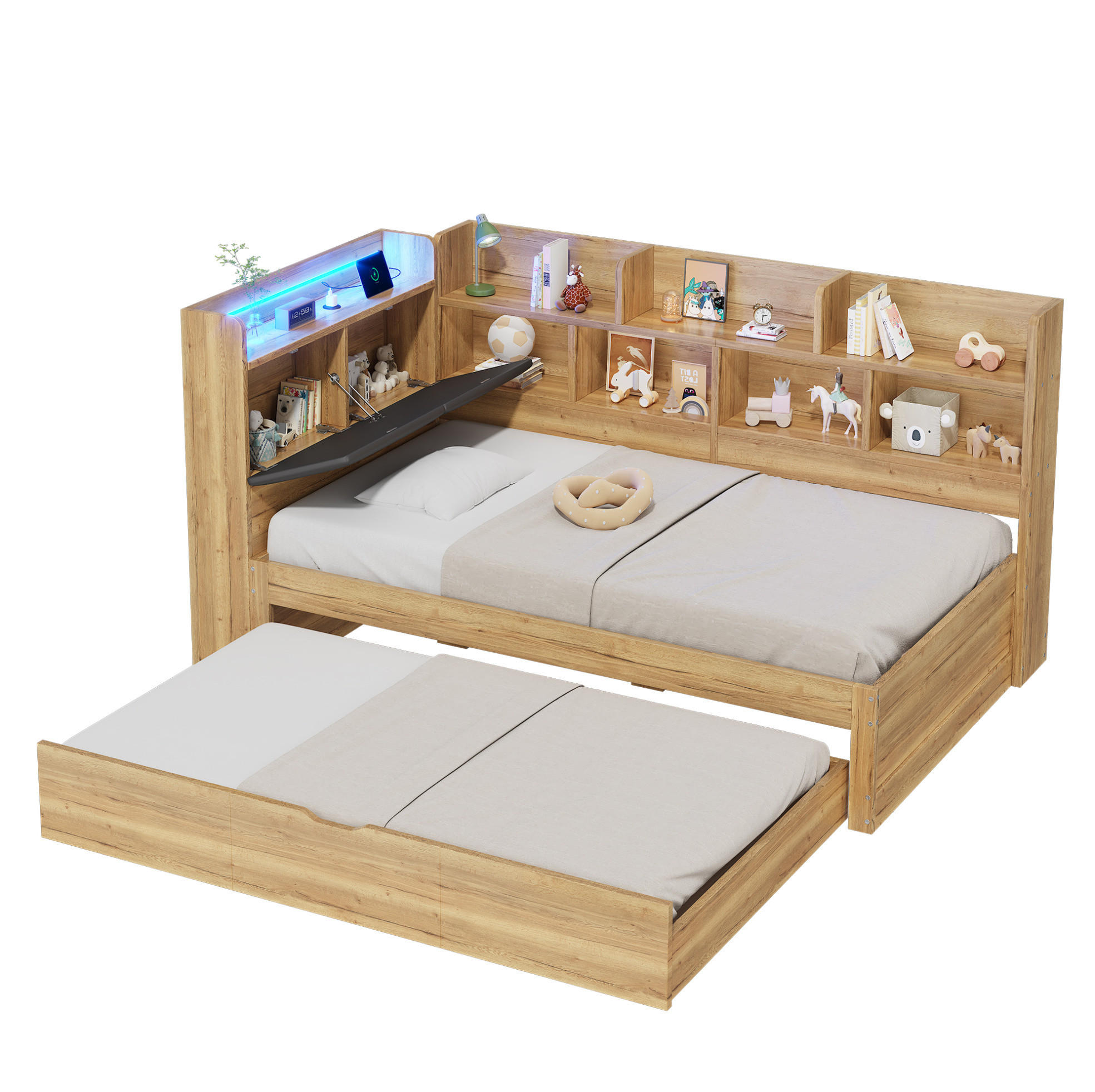 KINDERBETT 90/200 cm naturfarben aus MDF mit Ausziehbett, Stauraum, LED und USB-C - Naturfarben, Holzwerkstoff (90/200cm) - OKWISH
