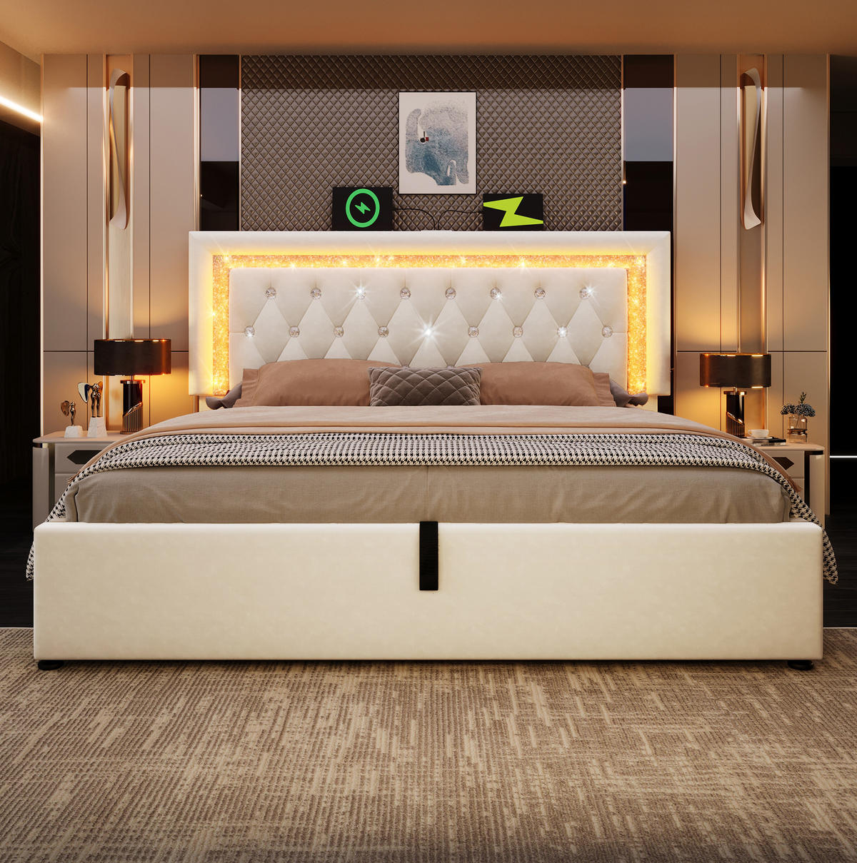 POLSTERBETT aus Samt 140x200 cm Beige mit LED-Beleuchtung, USB/Type-C und hydraulischem Bettkasten - Beige, Textil (140/200cm) - IVMEU
