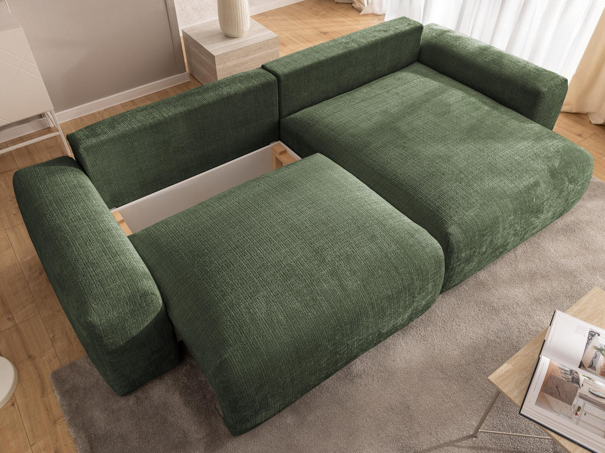 ECKSOFA Puffy mit Schlaffunktion und Bettkasten - besonders weich und puffig aus Grün Chenille-Stoff - Ottomane rechts - Schwarz/Grün, Holz/Kunststoff (266/138cm) - S-Style Möbel