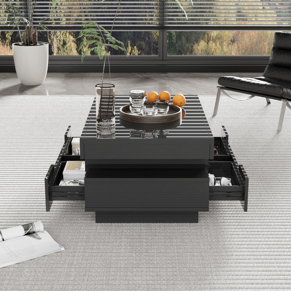 COUCHTISCH 80/50/36 cm Hochglanz schwarz mit LED-Lichtleiste und 4 Schubladen - Schwarz, Holzwerkstoff (80/50/36cm) - OKWISH