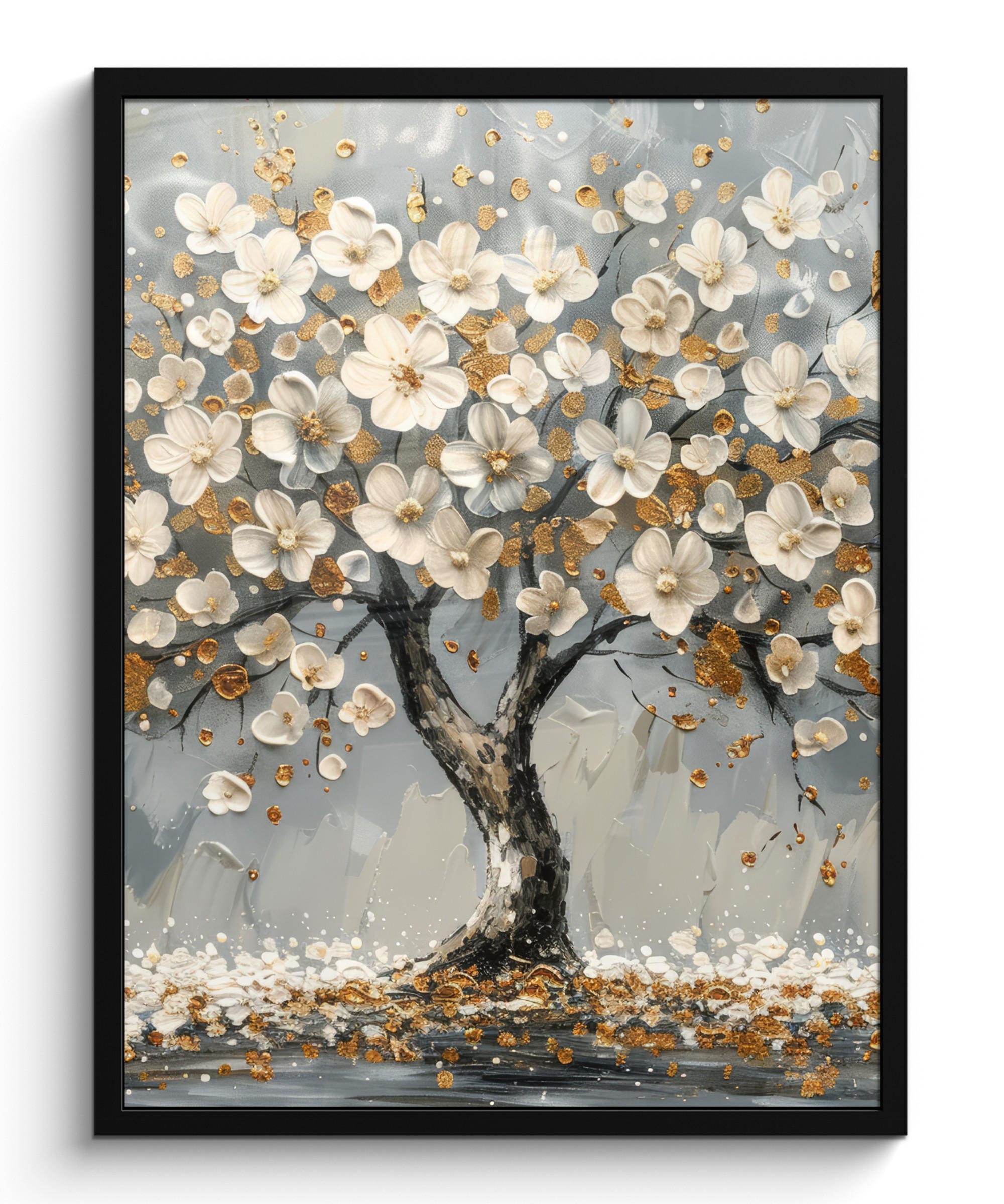 GERAHMTES BILD Baum - Blumen - Weiß - Natur - Kunst 60x80 cm - Weiß, Papier (60/80cm) - MuchoWow