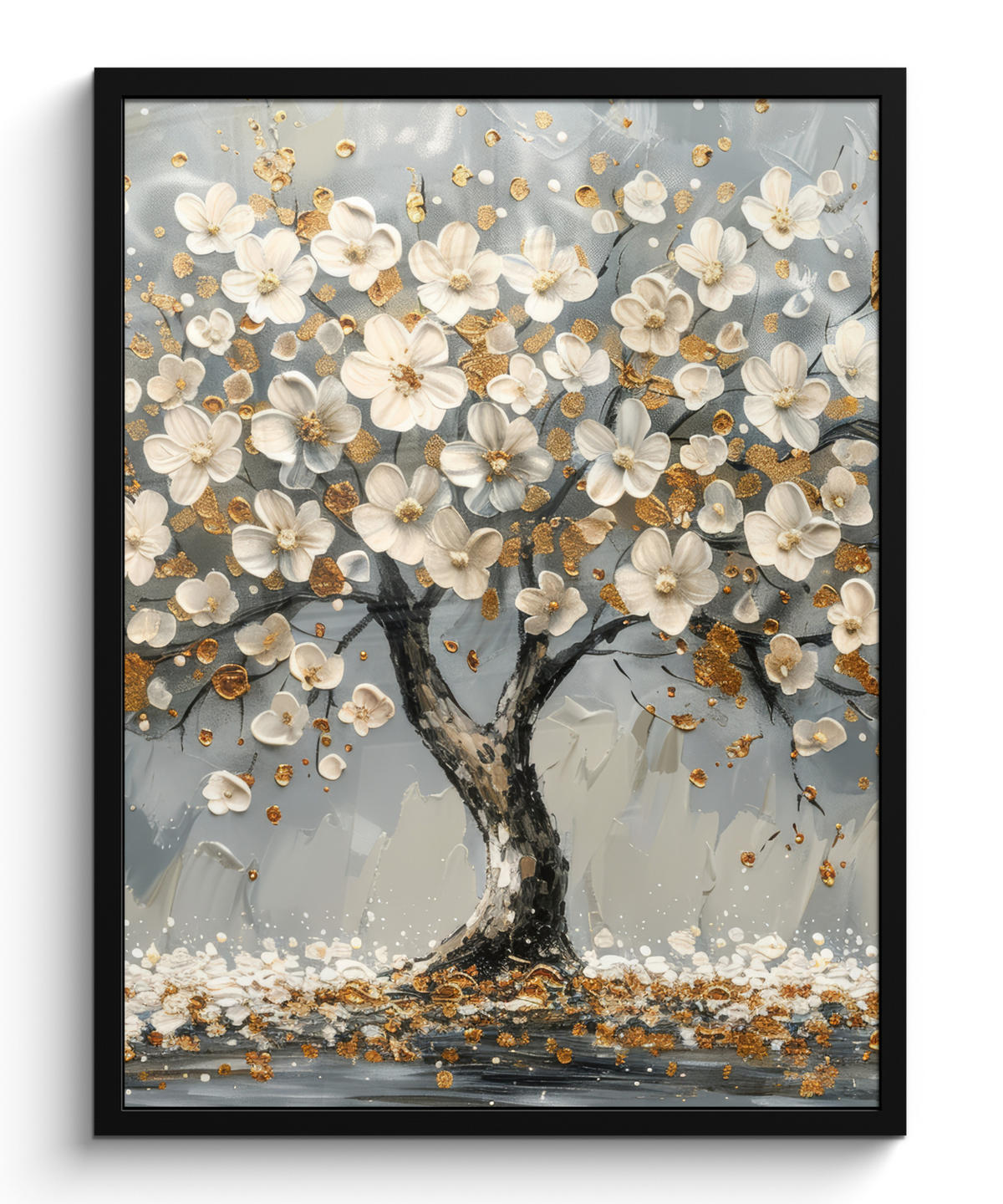 GERAHMTES BILD Baum - Blumen - Weiß - Natur - Kunst 60x80 cm - Weiß, Papier (60/80cm) - MuchoWow