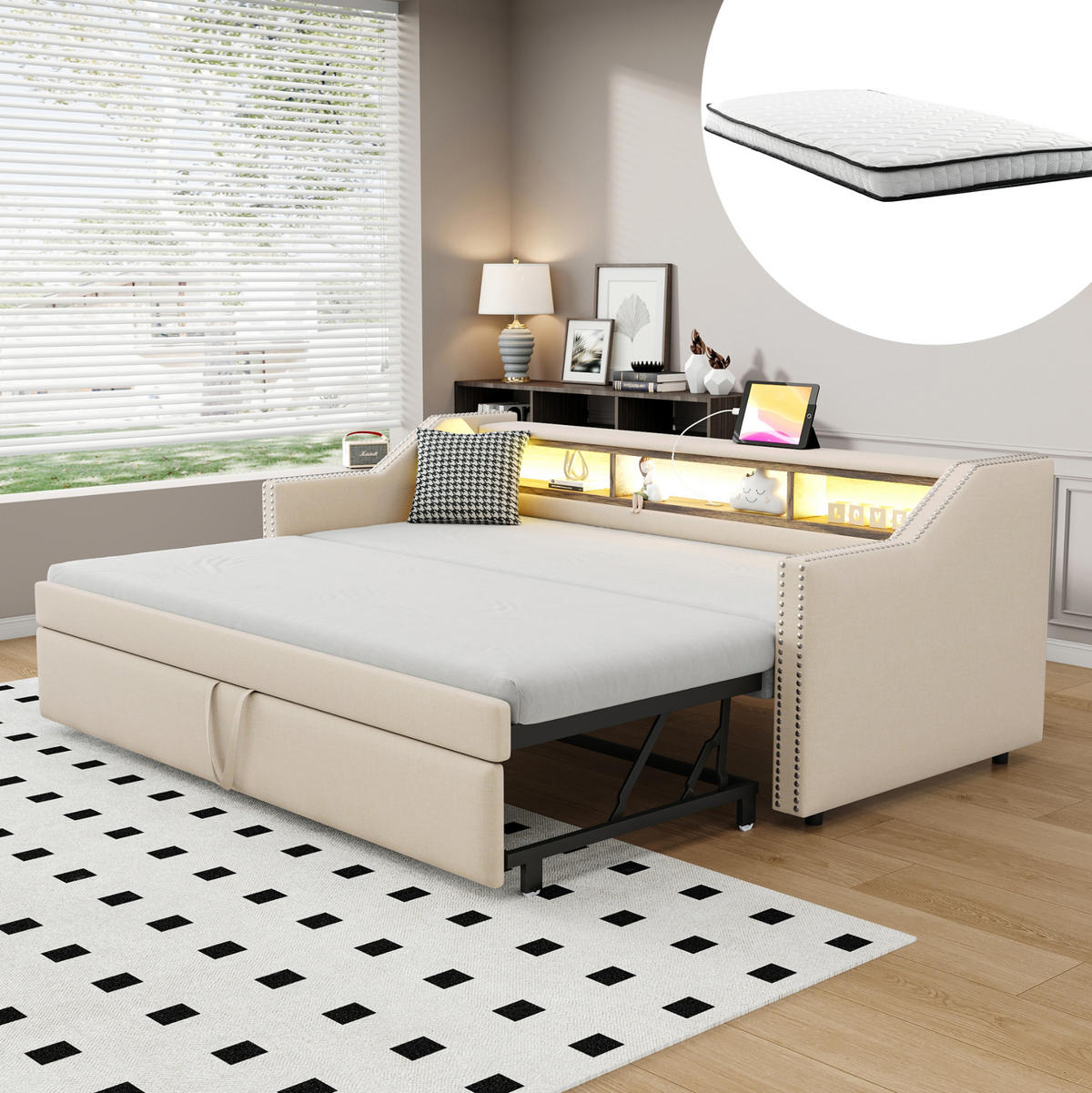 SCHLAFSOFA 90/190 cm ausziehbar mit LED, Matratze,USB, Ablagefächern und Leinenbezug, Beige - Beige, Textil (102/74/203.5cm) - Redom