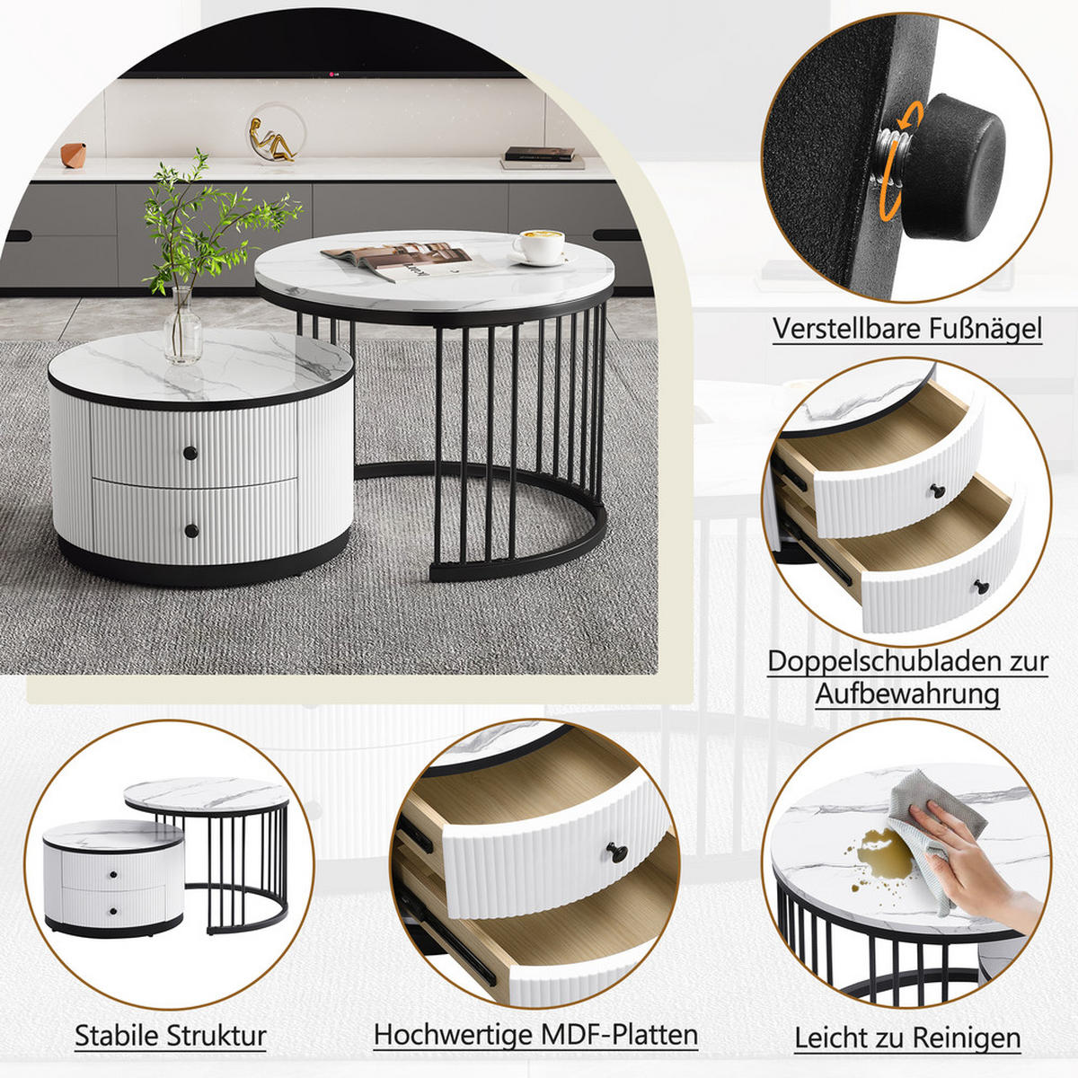 COUCHTISCH SET 2-TEILIG Nestform Hochglanz Marmoroptik 2 Schubladen - Weiß, Holz (68.58/68.58/38.99cm) - FLIEKS