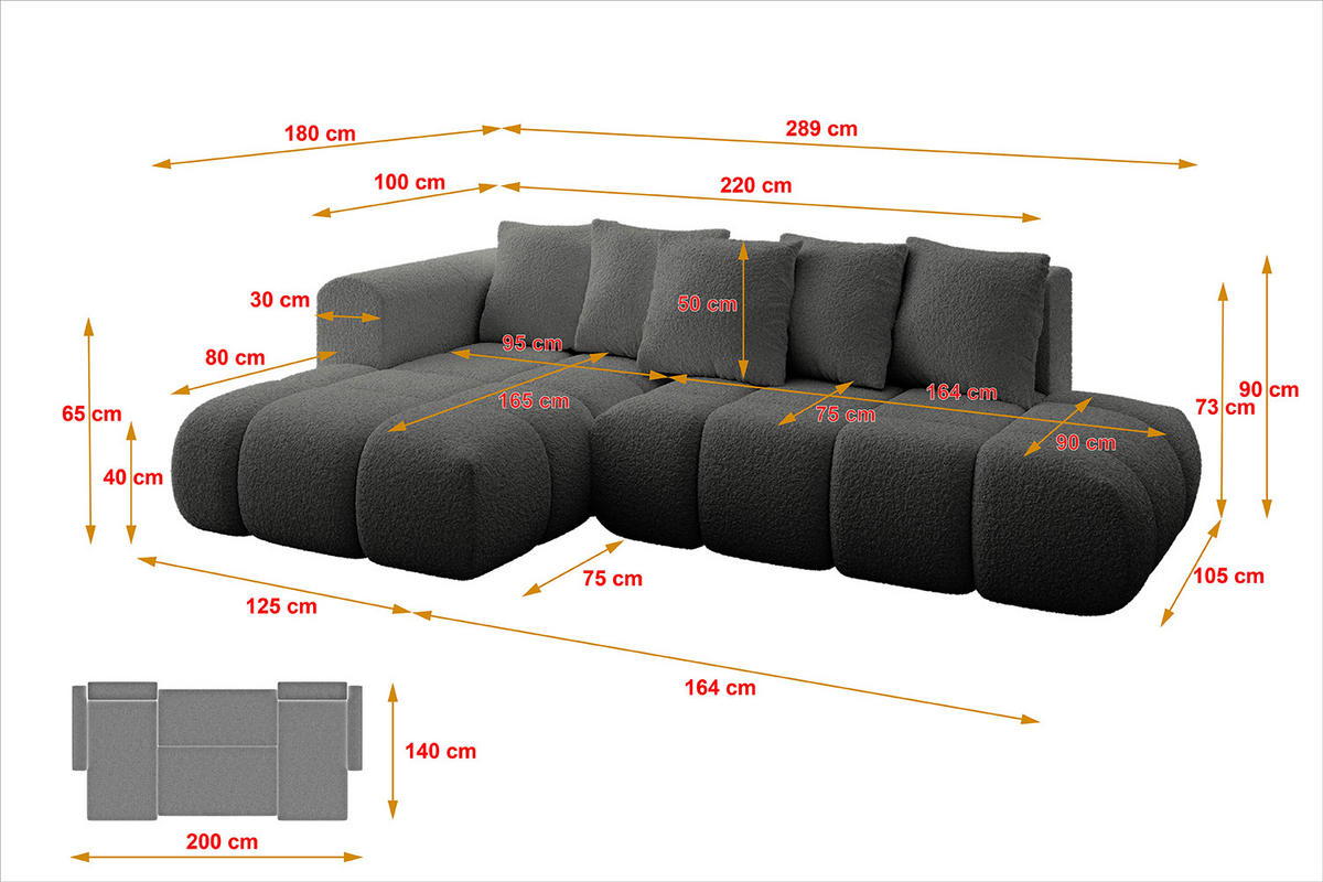 ECKSOFA Ottomane Links CLOUD-L-v1 289x180x40 Grau Bouclé - Grau, Holzwerkstoff/Kunststoff (180/289cm) - ALTDECOR