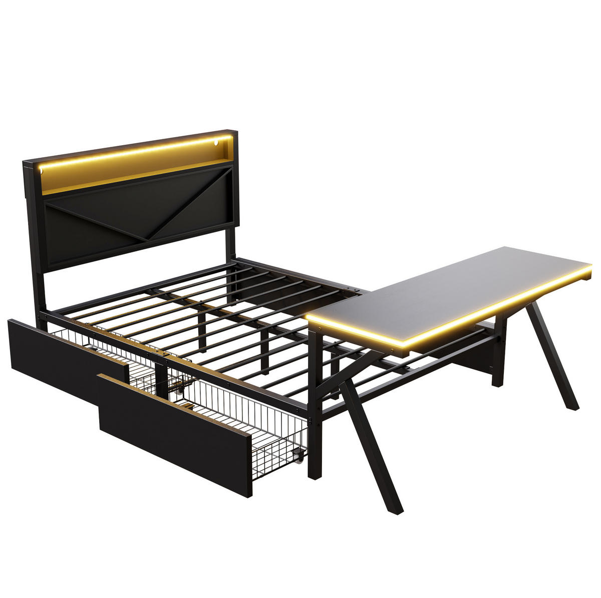 METALLBETT 140/200 cm mit LED-Kopfteil, LED-Schreibtisch und 2 Schubladen, MDF/Metall, Schwarz - Schwarz, Holzwerkstoff (140/200cm) - Redom