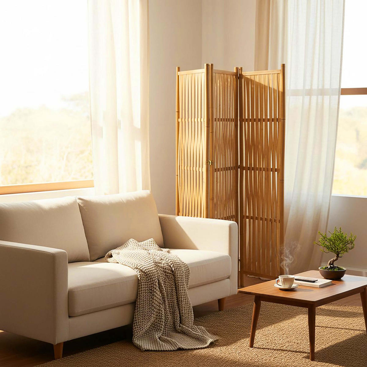 RAUMTEILER Natur Bambus 3-tlg. freistehend 170x126 cm - Hellbraun, Holz (126/170/3.5cm) - Relaxdays