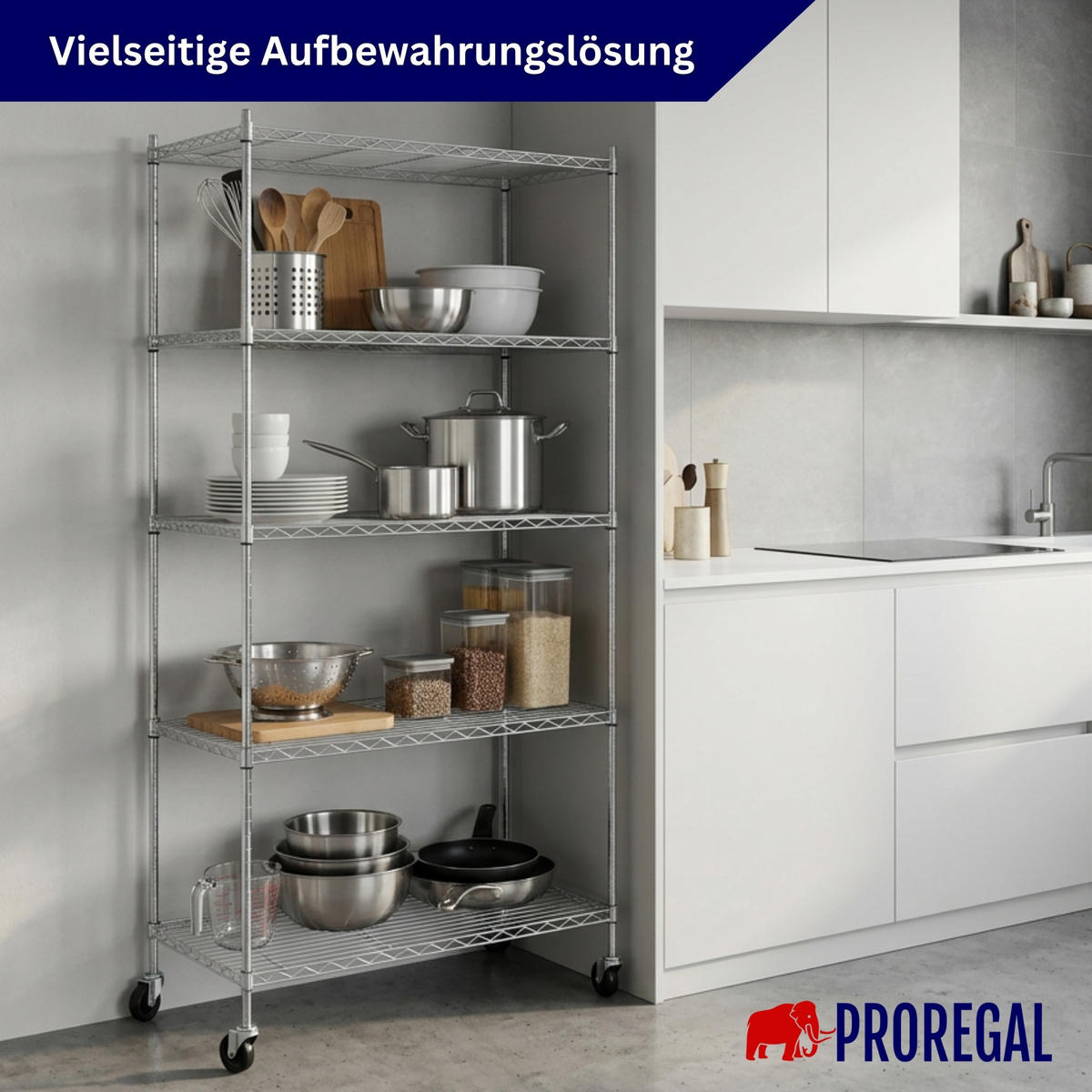 GITTERREGAL HADES mit Rollen & 5 Gitterböden Metall 180x90x60cm Silber - Silberfarben, Metall (90/180/60cm) - PROREGAL